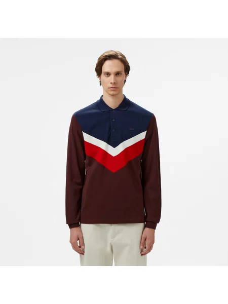 Lacoste Classic Fit Bordowa Koszulka Polo Z Długim Rękawem I Blokami Kolorów