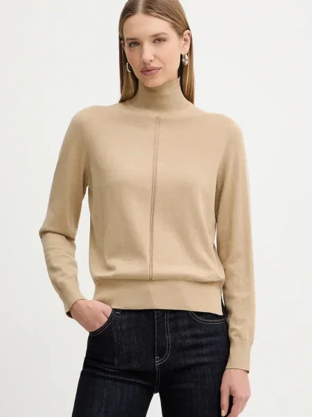 Пуловер с вълна BOSS Orange от лека материя с ниско поло бежово