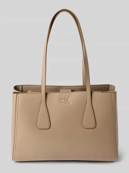 Torba tote z detalem z logo Ck Calvin Klein beżowa