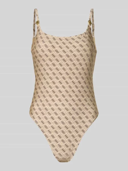 Kostium kąpielowy o kroju slim fit z nadrukiem z logo na całej powierzchni Guess beżowy
