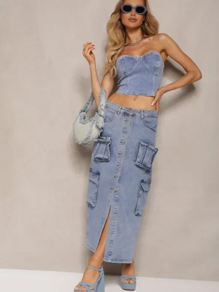 Casualowa Jeansowa Spódnica High Waist Ozdobiona z Przodu i z Klapami Teriara niebieska