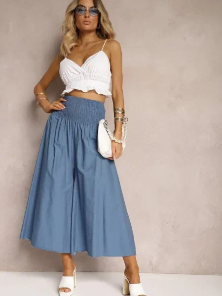 Jasnoniebieskie Spodnie Kuloty z Bawełny High Waist o Szerokim Kroju Wykończone Gumką w Pasie Alifrea niebieskie