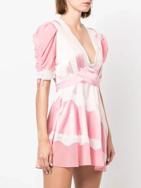 Rochie mini Loveshackfancy cu model floral din dantelă roz
