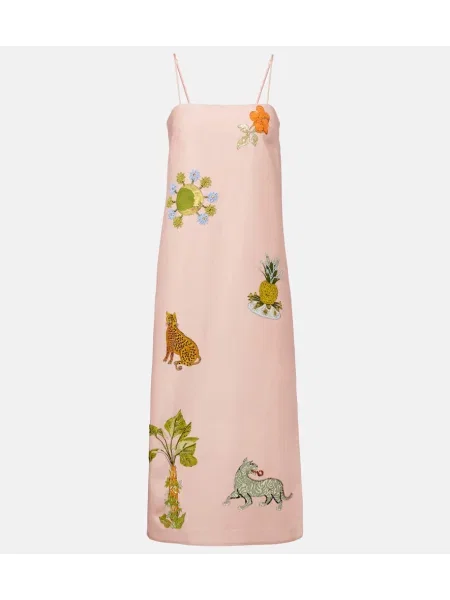 Lanena obleka maxi obleka Alemais s potiskom roza