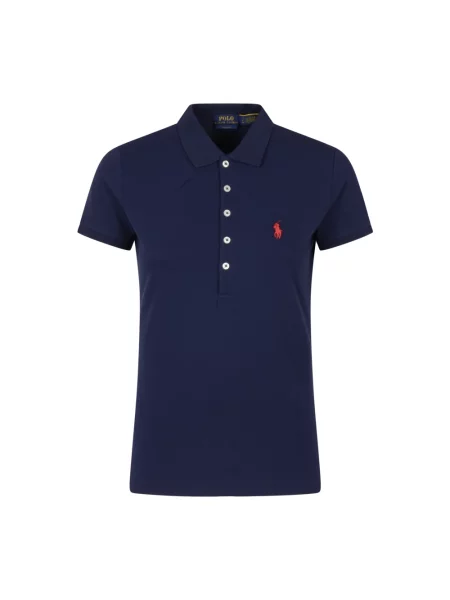 Koszulka polo Ralph Lauren z autografem ze stretchu z siateczki niebieska