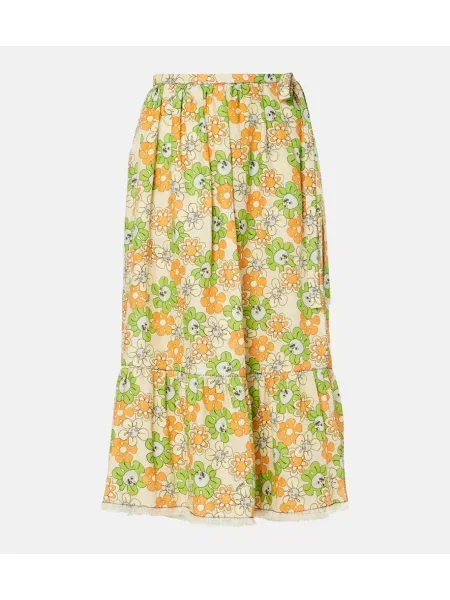Fustă midi Marni de in cu model floral până la genunchi
