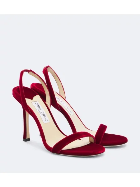 Aksamitne sandały Jimmy Choo z otwartą piętą czerwone