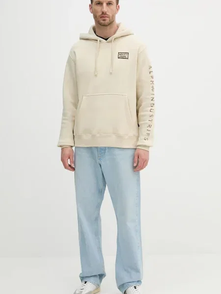 Bluza z kapturem i wyhaftowanym logo model ‘Camo Sleeve’ Alpha Industries beżowa