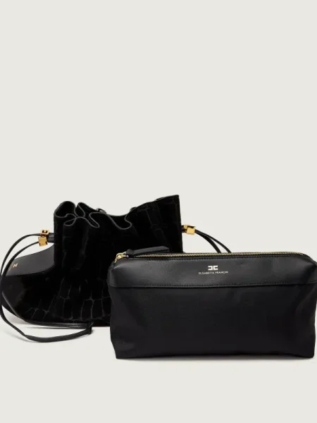 Elisabetta Franchi Geantă tip sac + borsetă | piele întoarsă negru