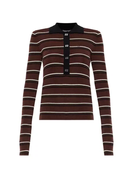 Tricou polo Ganni din lână merinos cu dungi maro