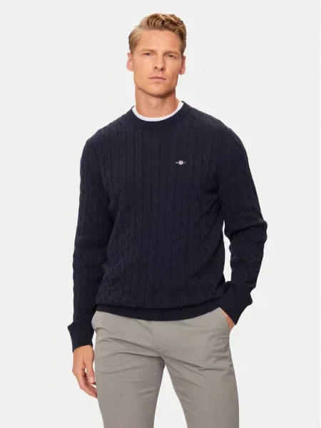 Sweter z dzianiny z wyhaftowanym logo Gant granatowy