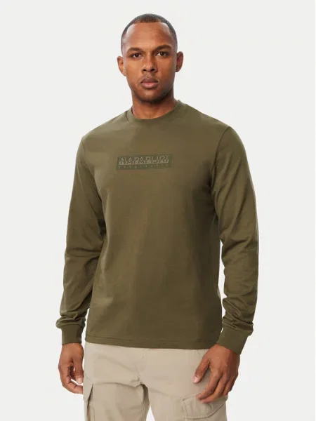 Napapijri Majica z dolgimi rokavi S-Box Logo Temno zelena