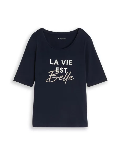 TOM TAILOR Tricou maro cămilă / bleumarin alb