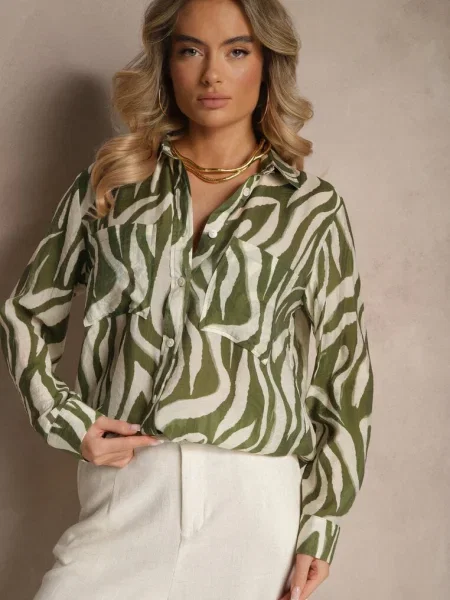 Transparentna Koszula z o Klasycznym Kroju w Print Zebra Covianne zielona