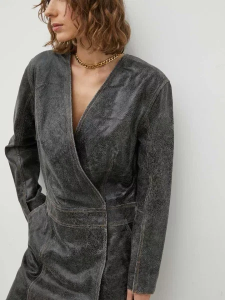 Kožna haljina mini ravna crna