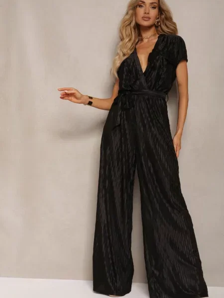 Kopertowy Kombinezon z Gumką w Talii ze Spodniami Palazzo i Materiałowym Hesperi czarny