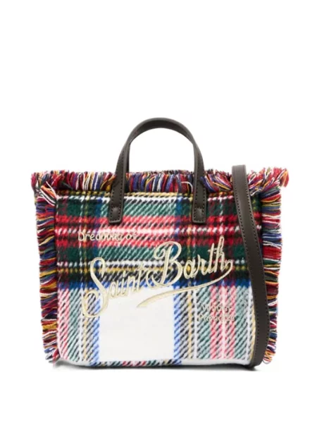 Geantă shopper Mc2 Saint Barth cu franjuri în carouri alb