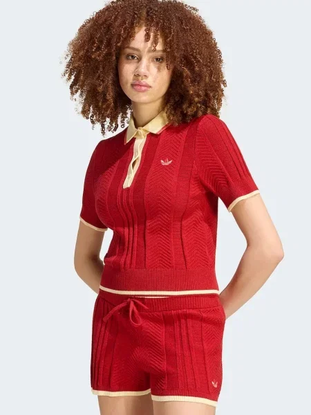 Adidas Originals pletena polo majica z viskozo Cable Knit rdeča