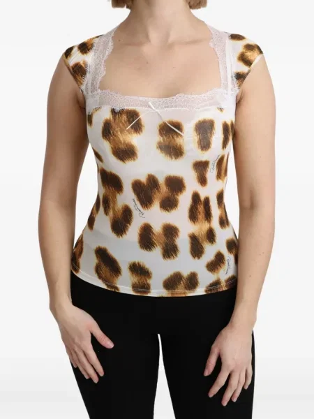Top Roberto Cavalli cu imagine cu model leopard din dantelă alb