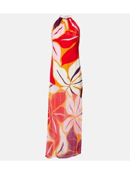 Rochie maxi Cala De La Cruz cu model floral cu gât halter roșu