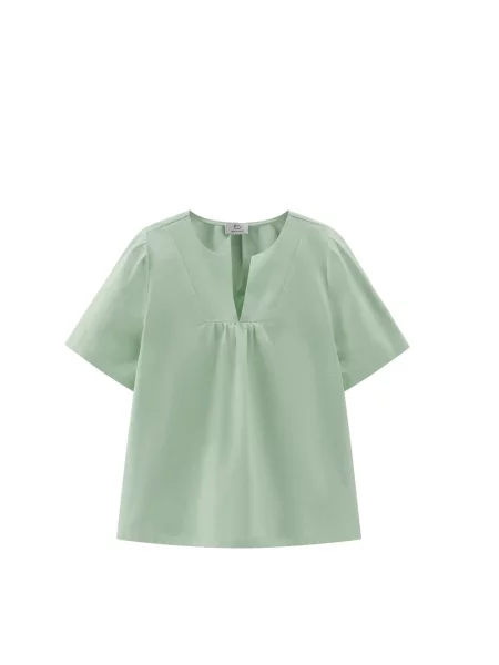 Lniana bluzka Woolrich z dekoltem w serek zielona