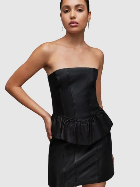 AllSaints rochie de piele CASSIE LEA RUFFLE DR mini mulata negru