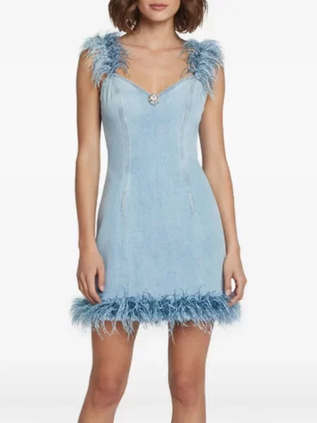 Rochie din denim Area cu pene albastru