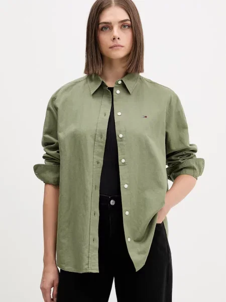 Tommy Jeans koszula z lnem zielona