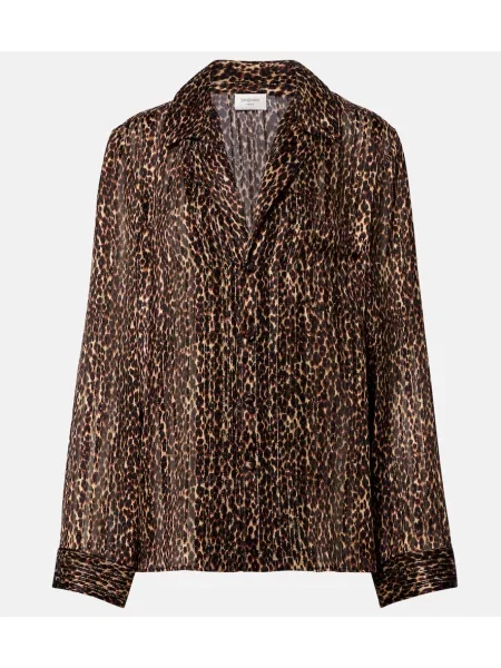 Bluză Saint Laurent de mătase cu imagine cu model leopard maro