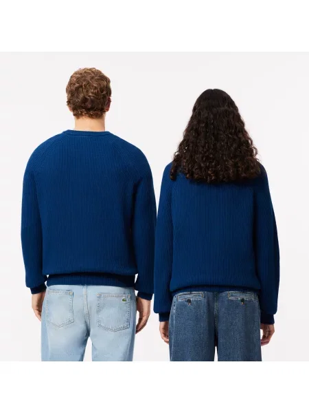 Lacoste Sweter Z Okrągłym Dekoltem Z Bawełny Z Perłowym Ściągaczem granatowy