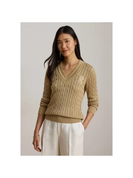 Sweter o kroju regular fit z mieszanki bawełny z wyhaftowanym logo Lauren Ralph Lauren beżowy