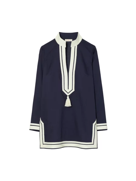 Sukienka koszulowa Tory Burch z frędzli niebieska