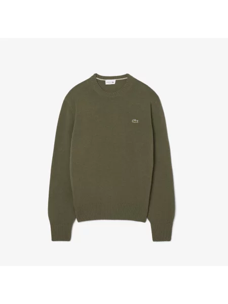 Lacoste Sweter Z Okrągłym Dekoltem Z Wełny Zgrzebnej zielony