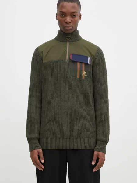 Baracuta pulover de lana Barbour x Baracut Miller Half Zip Knit barbati călduros cu guler verde