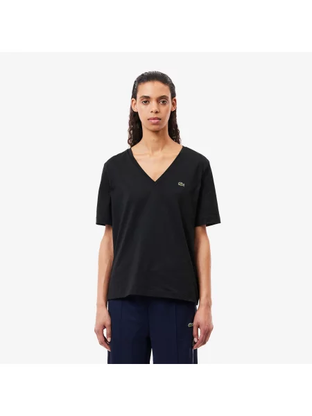 Lacoste Luźny Krój Miękka Koszulka Z Dekoltem W Serek czarna