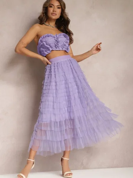 Jasnofioletowa Tiulowa Spódnica Maxi z Gumką w Pasie i Falbankami Mahlia fioletowa