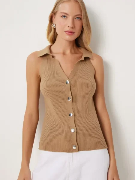 Happiness İstanbul Vestă tricotată cămilă maro