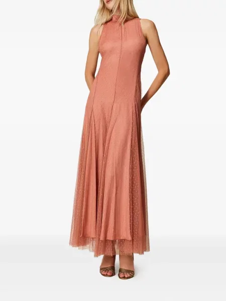 Rochie maxi Twinset cu buline din tul de costum roz