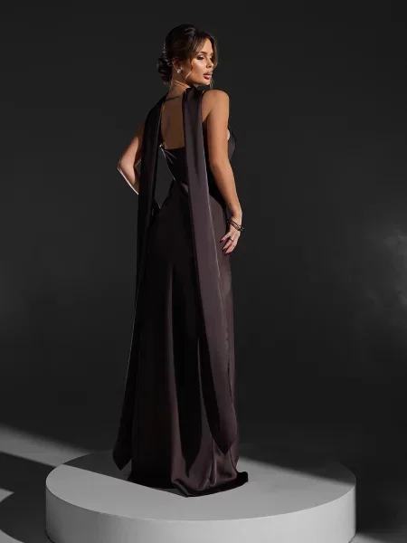 Сукня максі ISSA Plus темно-коричневий шовк коричнева