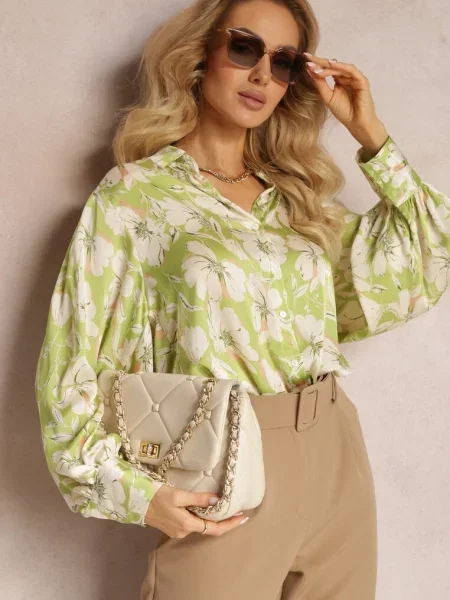 Cămașă în Flori cu Manșete Late Dadred verde