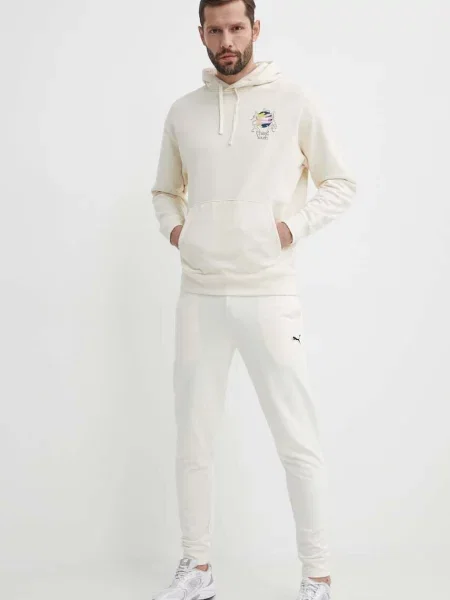 Bombažen pulover Puma s kapuco bež