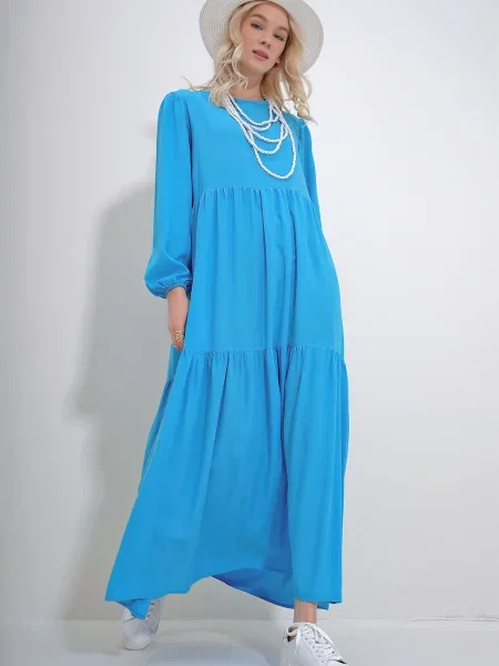 Obleka Trend Alaçatı Stili z volani z puhastimi rokavi z ladjastim izrezom