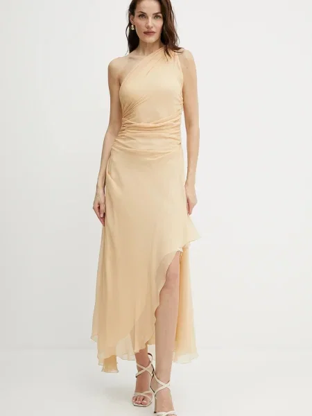 Victoria Beckham rochie de mătase midi drept bej