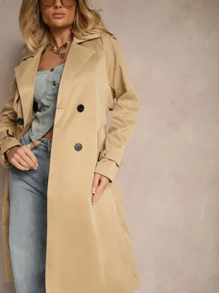 Trenci Lung Închidere Dublă cu Sabila bej