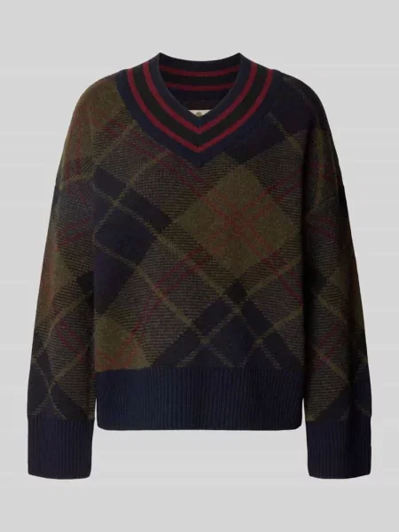 Sweter z kontrastowym dekoltem w serek model SHAE' Barbour granatowy