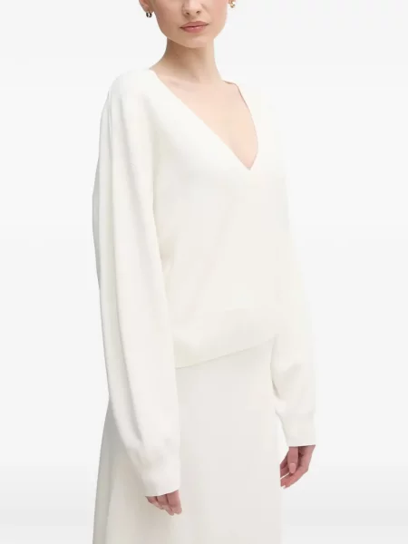 Pulover Oui cu decolteu în V lung alb