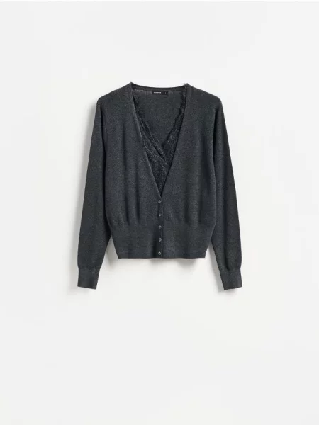 Reserved Cardigan cu dantelă gri-închis gri