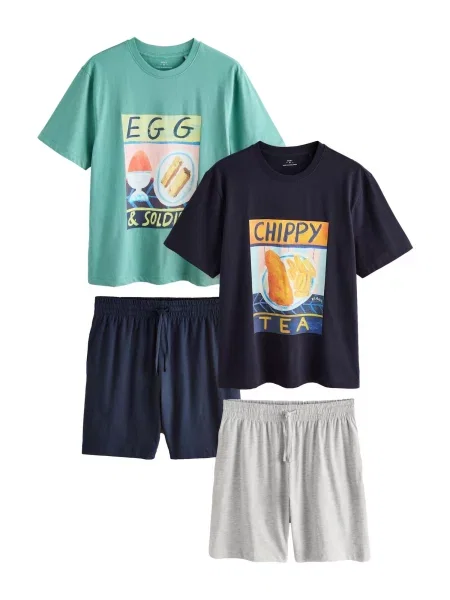 Next Pijama scurtă Frankie Thorpe albastru marin / gri amestecat / verde smarald negru