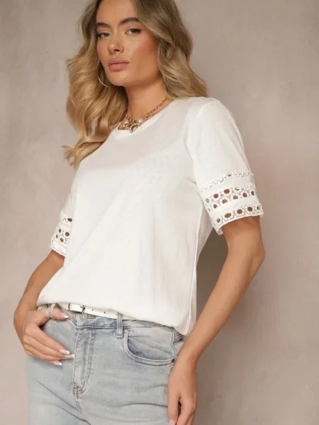T-shirt z Ażurowymi Rękawkami Zolreia biały