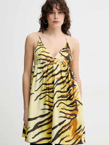 Nanushka rochie de matase CEIL mini evazati galben